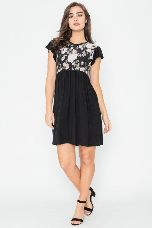 Flutter Sleeve Rose Floral Mini Dress