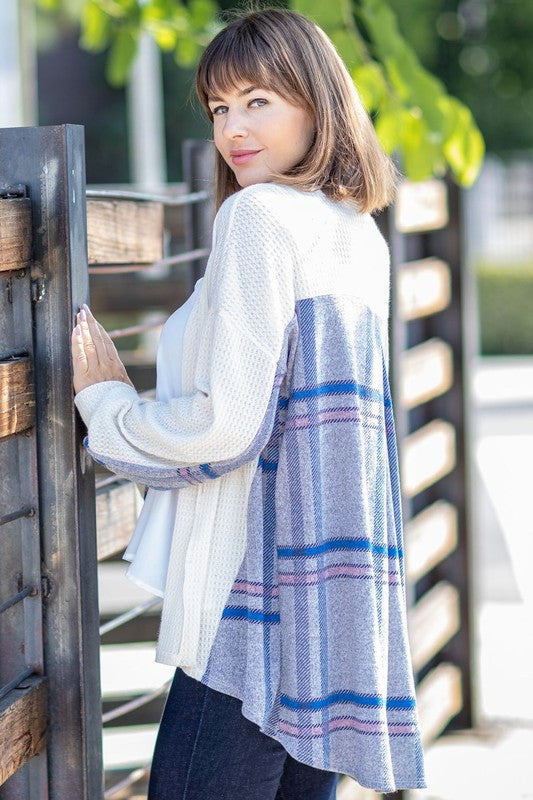 Plaid Back Waffle Knit Cardigan