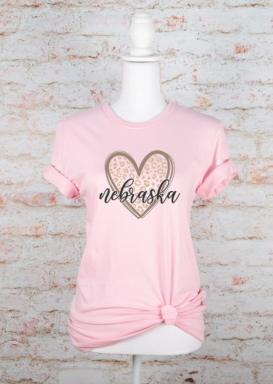 Nebraska Heart Leopard Graphic Crew Neck Tee