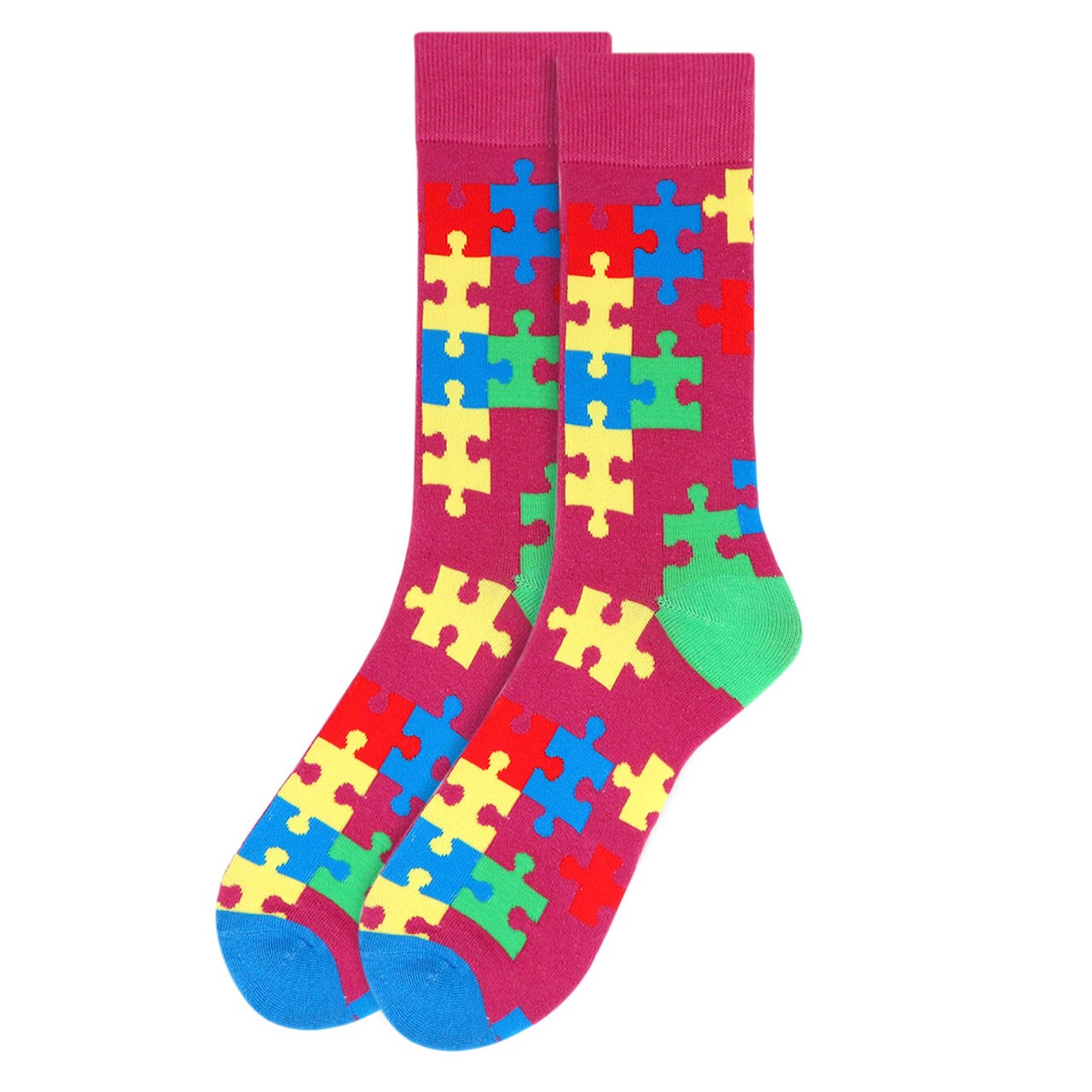 MashasCorner.com Autism Awareness Novelty Socks with illustrated Color Puzzle Pieces - Very Nice! Add some fun to your outfit with our Novelty Socks. These socks are perfect for when you have to maintain being a professional but still have that burning desire to be fun & silly! These socks are super soft & comfy. 70% Cotton, 25% Polyester, 5% spandex Sock size: 10-13 Shoe size: 6-12.5 Machine wash, tumble dry low Imported