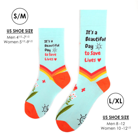 MashasCorner.com Health Care Heroes -Save Lives- Ultra Premium Socks Material: 68% cotton, 29% polyester, 3% spandex Sizes: available in S/M and L/XL S/M: men shoe size: 4.5-7.5, ladies shoe size: 5.5-9.5 L/XL: men shoe size: 8-12, ladies shoe size: 10-10.5 Unisex style
