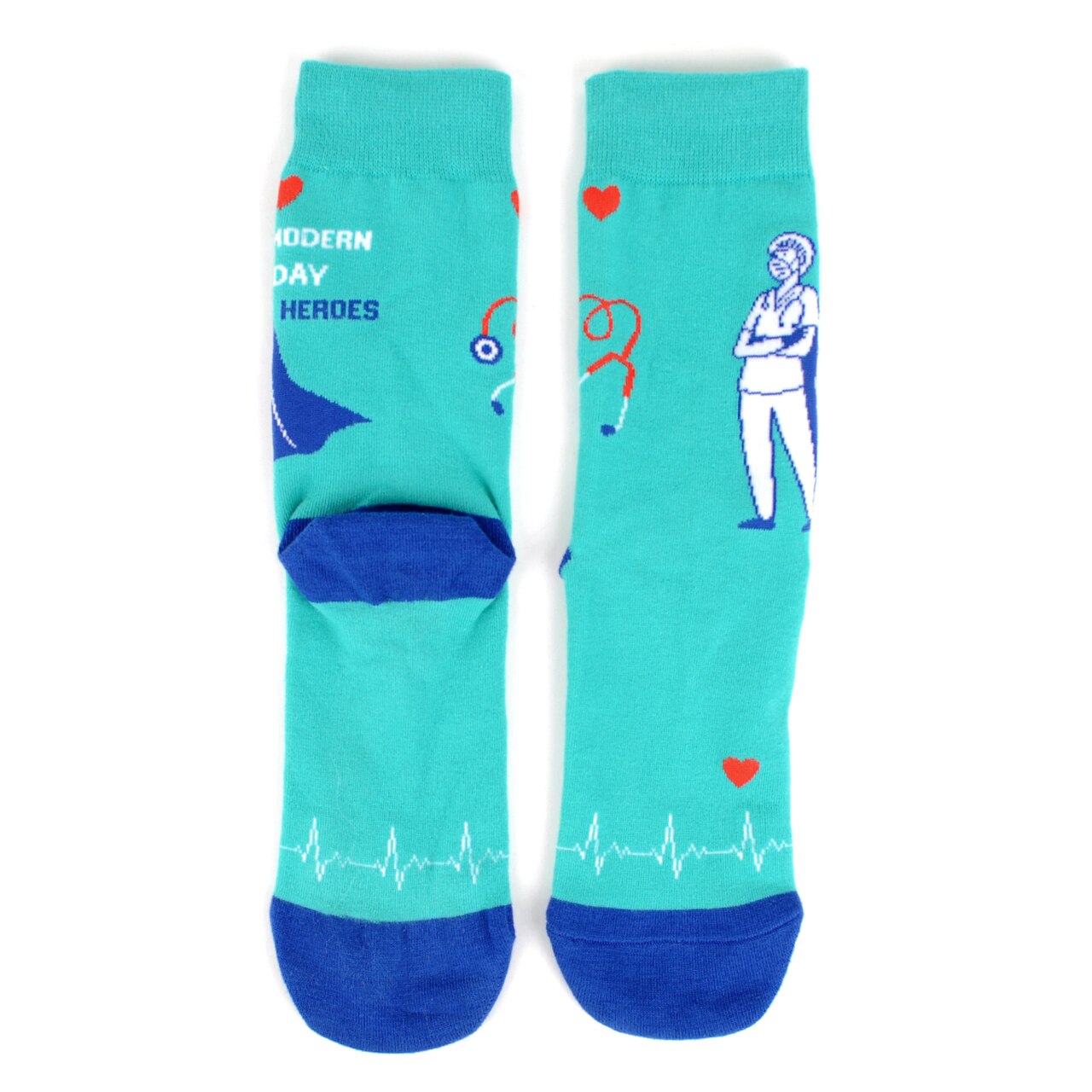 MashasCorner.com Health Care Heroes -Modern Heroes- Ultra Premium Socks Material: 68% cotton, 29% polyester, 3% spandex Sizes: available in S/M and L/XL S/M: men shoe size: 4.5-7.5, ladies shoe size: 5.5-9.5 L/XL: men shoe size: 8-12, ladies shoe size: 10-10.5 Unisex style