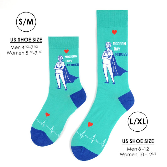 MashasCorner.com Health Care Heroes -Modern Heroes- Ultra Premium Socks Material: 68% cotton, 29% polyester, 3% spandex Sizes: available in S/M and L/XL S/M: men shoe size: 4.5-7.5, ladies shoe size: 5.5-9.5 L/XL: men shoe size: 8-12, ladies shoe size: 10-10.5 Unisex style
