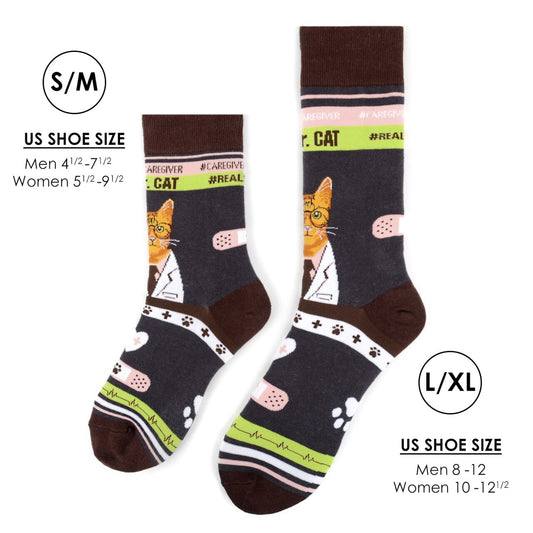 MashasCorner.com Health Care Heroes -Dr. Cat- Ultra Premium Novelty Socks Material: 68% cotton, 29% polyester, 3% spandex Sizes: available in S/M and L/XL S/M: men shoe size: 4.5-7.5, ladies shoe size: 5.5-9.5 L/XL: men shoe size: 8-12, ladies shoe size: 10-10.5 Unisex style