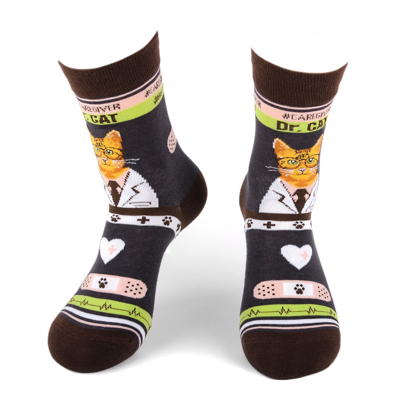 MashasCorner.com Health Care Heroes -Dr. Cat- Ultra Premium Novelty Socks Material: 68% cotton, 29% polyester, 3% spandex Sizes: available in S/M and L/XL S/M: men shoe size: 4.5-7.5, ladies shoe size: 5.5-9.5 L/XL: men shoe size: 8-12, ladies shoe size: 10-10.5 Unisex style