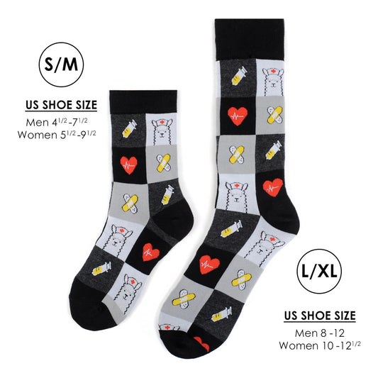 MashasCorner.com Health Care Heroes -Nurse Llama - Ultra Premium Socks Material: 68% cotton, 29% polyester, 3% spandex Sizes: available in S/M and L/XL S/M: men shoe size: 4.5-7.5, ladies shoe size: 5.5-9.5 L/XL: men shoe size: 8-12, ladies shoe size: 10-10.5 Unisex style