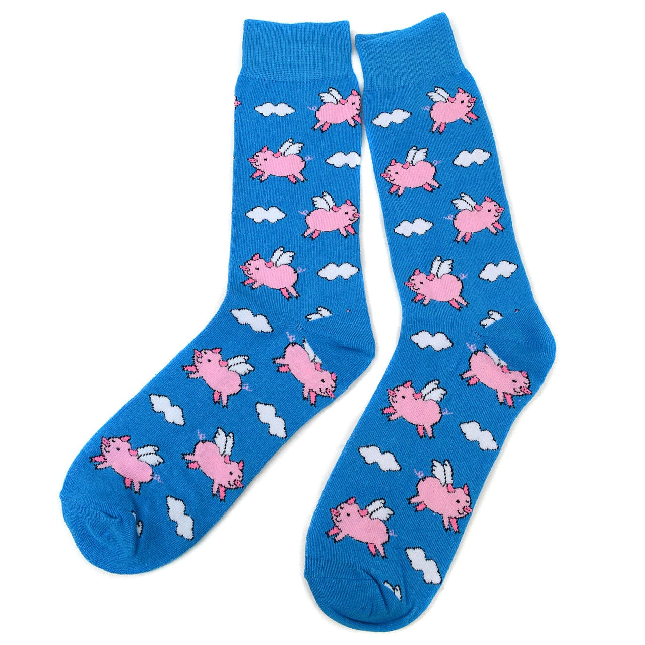 MashasCorner.com Men's Flying Pig Novelty Socks Add some fun to your outfit with our Novelty Socks. These socks are perfect for when you have to maintain being a professional but still have that burning desire to be fun & silly! With a majority of 70% Cotton, these socks are super soft & comfy. 70% cotton, 25% polyester 5% spandex Sock size: 10-13 Shoe size: 6-12.5 Machine wash, tumble dry low Imported
