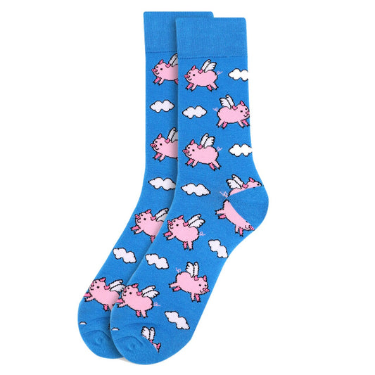 MashasCorner.com Men's Flying Pig Novelty Socks Add some fun to your outfit with our Novelty Socks. These socks are perfect for when you have to maintain being a professional but still have that burning desire to be fun & silly! With a majority of 70% Cotton, these socks are super soft & comfy. 70% cotton, 25% polyester 5% spandex Sock size: 10-13 Shoe size: 6-12.5 Machine wash, tumble dry low Imported