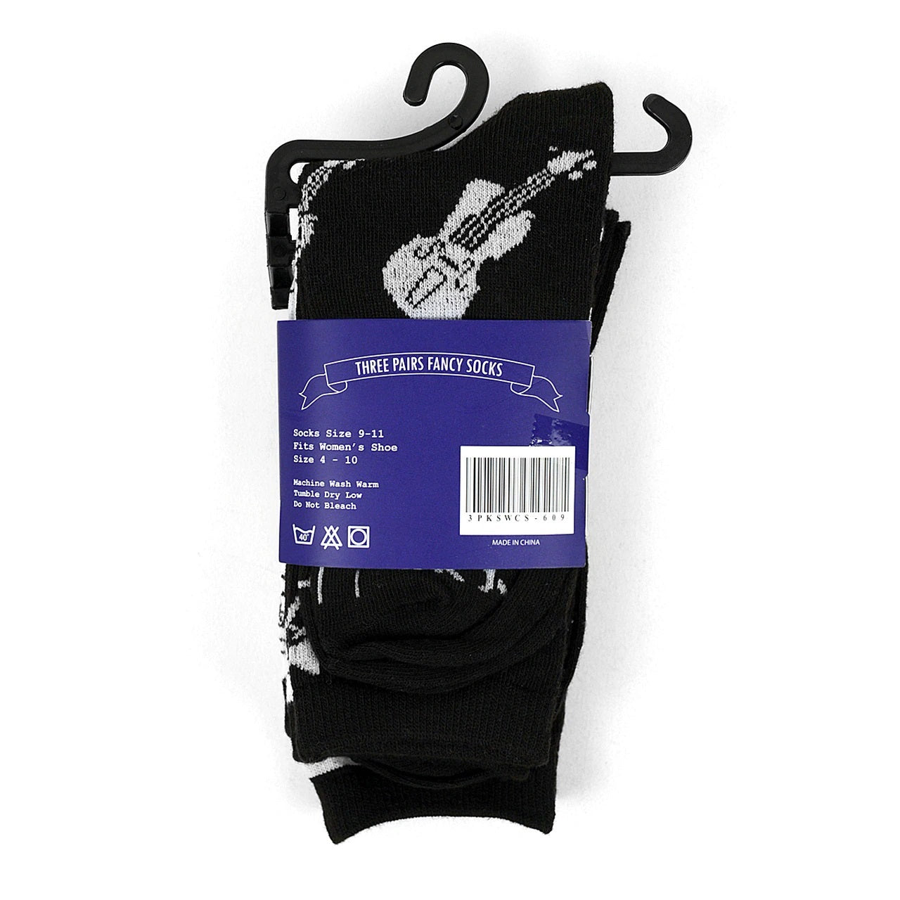 3 pairs Women's Music Theme Novelty Socks Add some fun to your outfit with our Novelty Socks. This 3 Pack of womens novelty crew socks features a musical theme. These socks are perfect for anyone musical in your life! The socks in this pack have a pair with musical instruments pattern, a piano keys print, and a music notes pattern. 3 pairs per pack 3 different styles 98% Polyester, 2% Spandex Women's 4-10 shoe size Machine wash, tumble dry low Imported