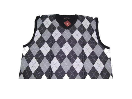 MashasCorner.com St Patrick Brand, Argyle design pattern on front, solid black back. Mens Big Sweater Vest with V-neck. Black band around neck, armholes and waist. Materials: 100% Polyester Sizes: Multiple Big & Tall