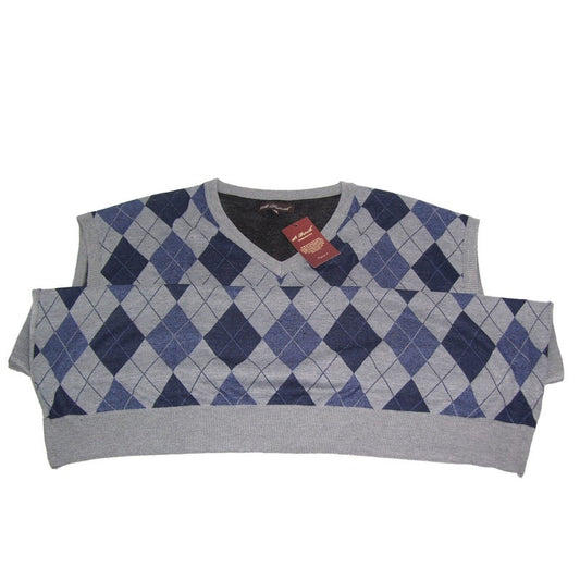 St Patrick Men's Sweater Vest V-neck Argyle Design Pattern on Front Grey Band around Neck, Arm holes, and Waist Material: Polyester Designed in USA Measurements RELAXED unstretched 3X = 33" Length (from back center of neck to waist) - 26" Width (Arm Pit to Arm Pit) 4X = 33.5" Length (from back center of neck to waist