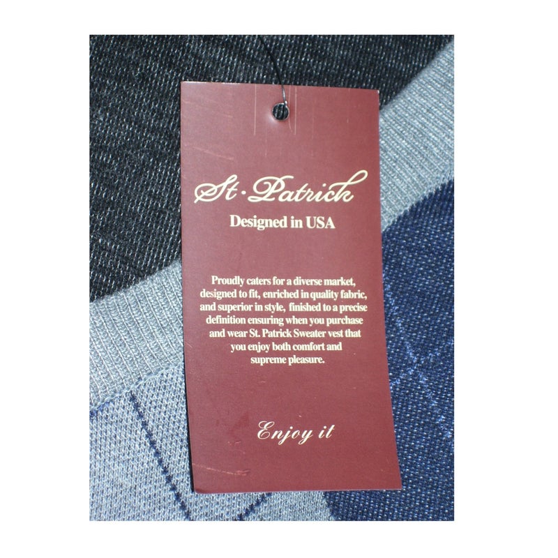 St Patrick Men's Sweater Vest V-neck Argyle Design Pattern on Front Grey Band around Neck, Arm holes, and Waist Material: Polyester Designed in USA Measurements RELAXED unstretched 3X = 33" Length (from back center of neck to waist) - 26" Width (Arm Pit to Arm Pit) 4X = 33.5" Length (from back center of neck to waist