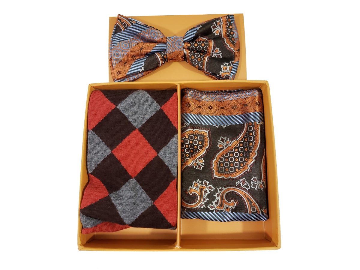 MashasCorner.com Robert Lewis - Orange Bow Tie Hanky Socks Box 3 Set - RGB003 Orange