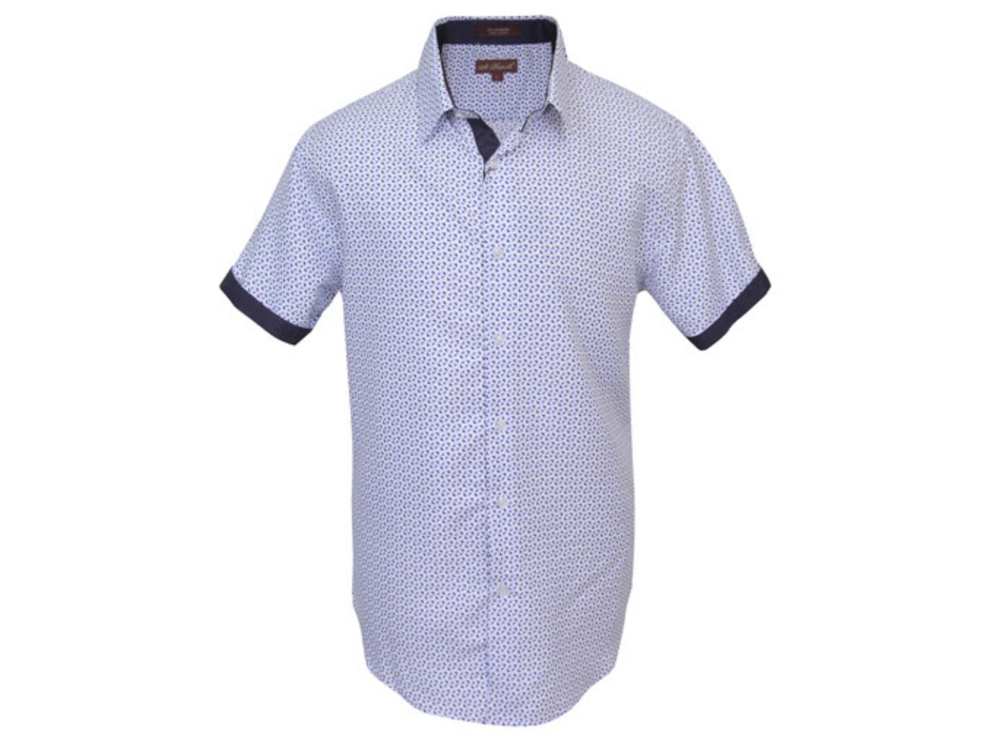 MashasCorner.com This is a white Shirt with Blue/Red w/Black Trim Cuffs White Shirt with Black Flip - MSS3 Sleeves wear trimmed or not trimmed Navy and Maroon Triangle Pattern - Button Front - Collar Stay Sizes: Multiple including Big & Tall