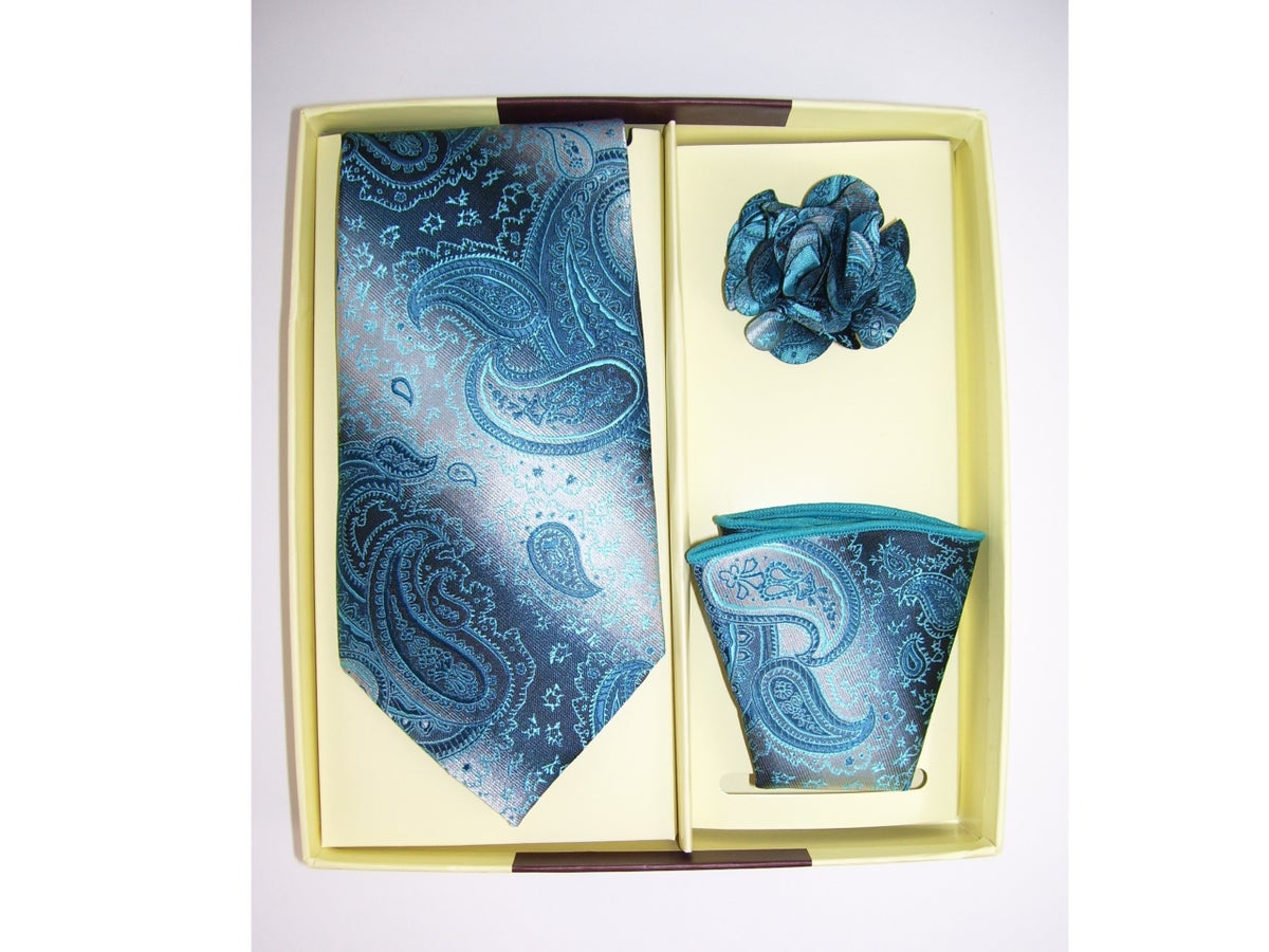 MashasCorner.com St. Patrick - Blue Paisley Necktie Hanky Flower Set - TT-47