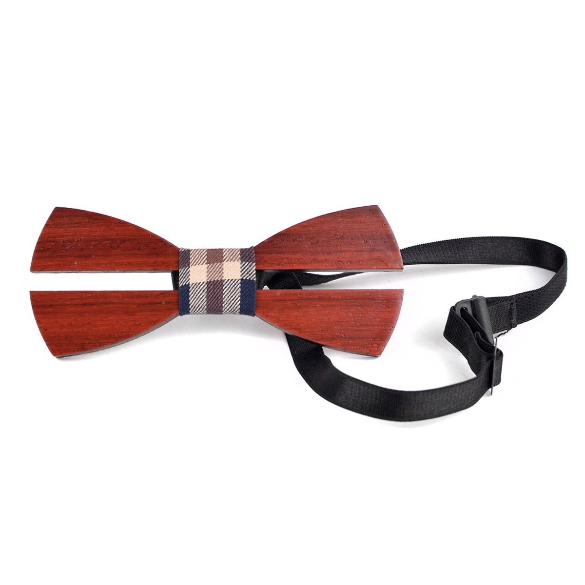 MashasCorner.com Men's Wooden Bow Tie, Brown Plaid Fabric Centerpiece with Elastic Adjustable Strap - MCWBT1714