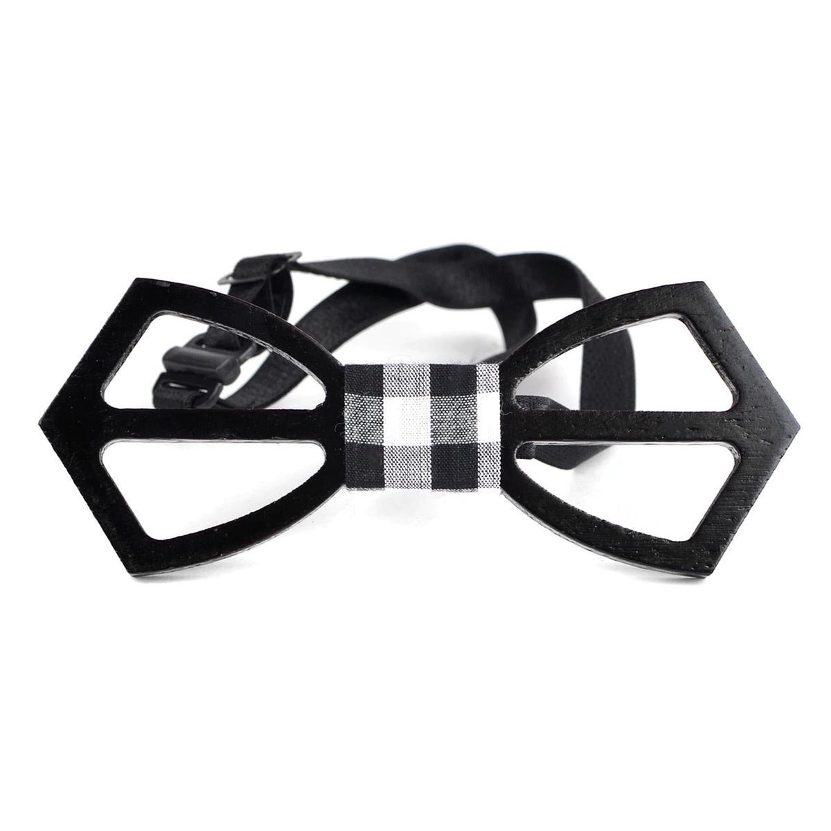 MashasCorner.com Men's Wooden Bow Tie, Black Plaid Fabric Centerpiece with Elastic Adjustable Strap - MCWBT1715