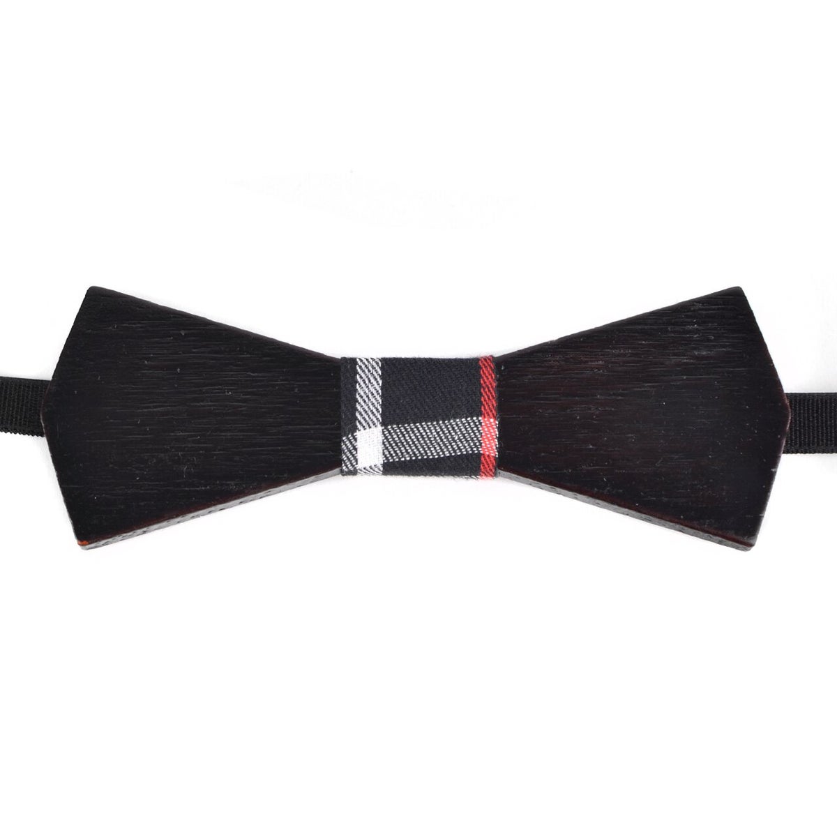 MashasCorner.com Men's Wooden Bow Tie, Black Plaid Fabric Centerpiece with Elastic Adjustable Strap - MCWBT1716
