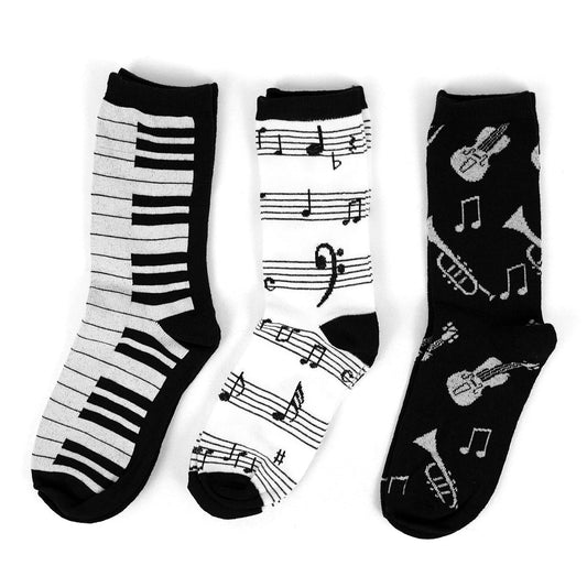 3 pairs Women's Music Theme Novelty Socks Add some fun to your outfit with our Novelty Socks. This 3 Pack of womens novelty crew socks features a musical theme. These socks are perfect for anyone musical in your life! The socks in this pack have a pair with musical instruments pattern, a piano keys print, and a music notes pattern. 3 pairs per pack 3 different styles 98% Polyester, 2% Spandex Women's 4-10 shoe size Machine wash, tumble dry low Imported