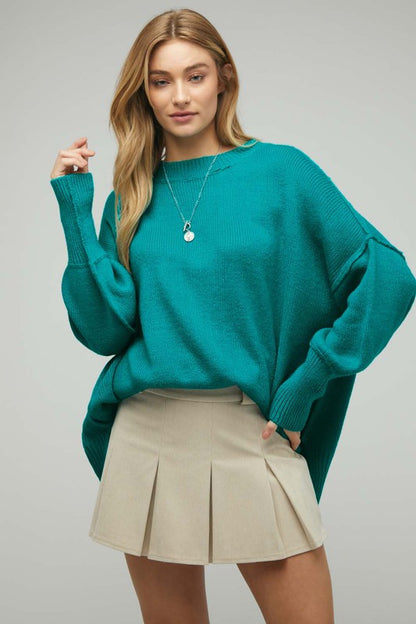 Solid Boat Neck Long Sleeve Sweater