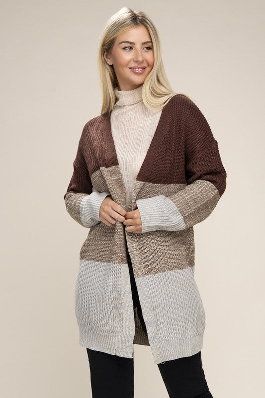 Color Block Open Front  Cardigan