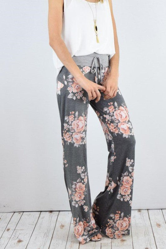 Drawstring Floral Wide Leg Pants