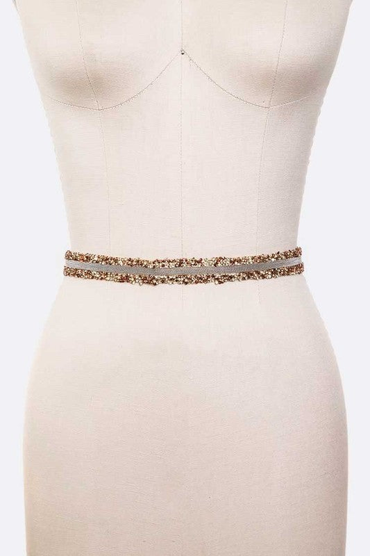 Glitter Trim Rhinestone Skinny Sash Belt