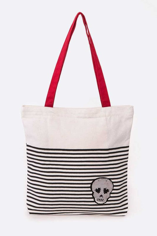 Sequins Skull Patch Fashion Canvas Tote