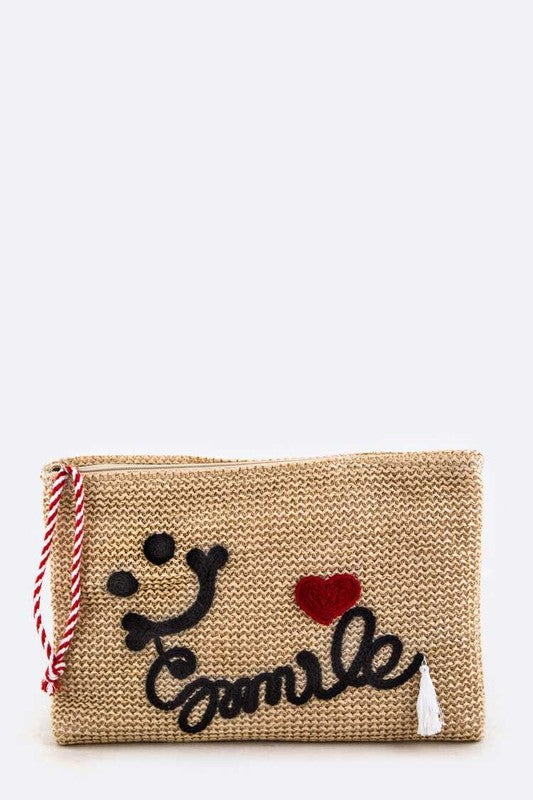 Smile Embroidery Straw Pouch