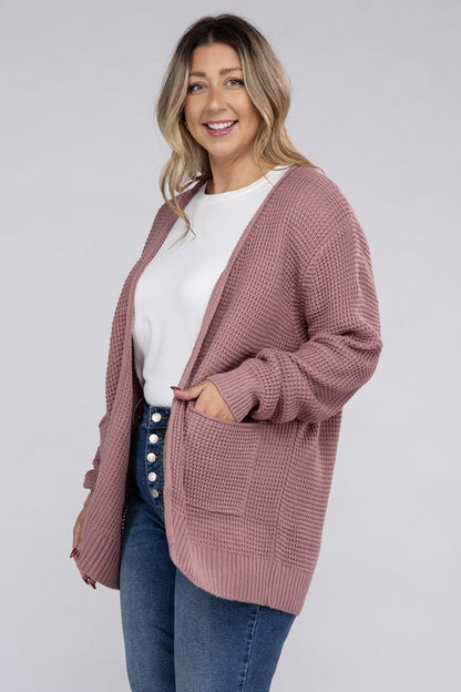 Plus Low Gauge Waffle Open Cardigan Sweater