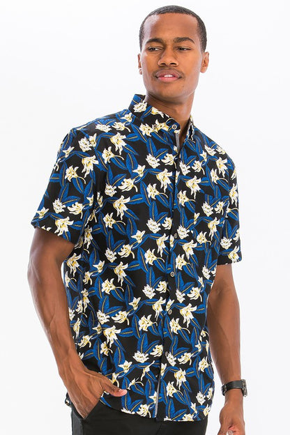 Weiv Mens Print Hawaiian Button Down Shirt