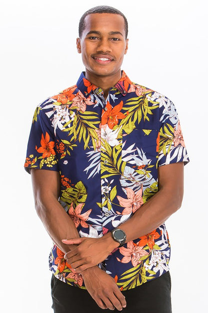 Weiv Mens Print Hawaiian Button Down Shirt