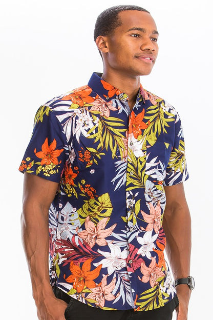 Weiv Mens Print Hawaiian Button Down Shirt