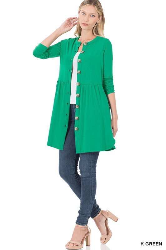 Shirred Waist Buttoned Cardigan With Side Pockets