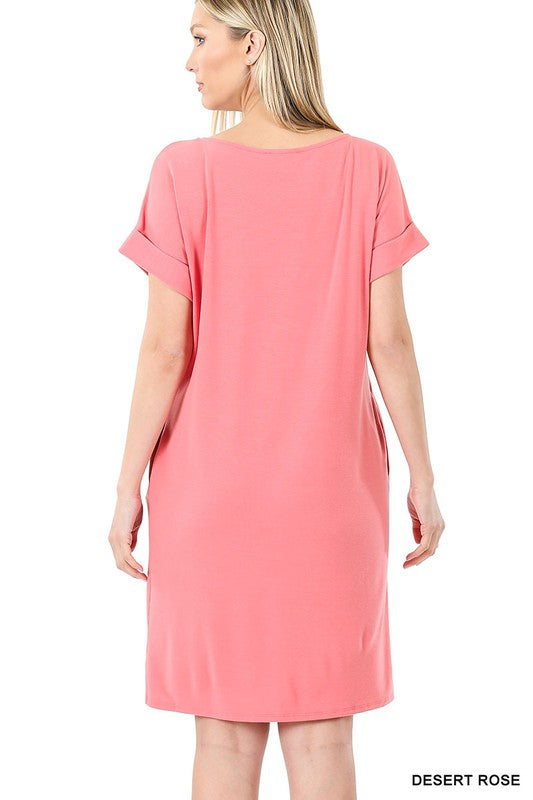 Rolled Short Sleeve Round Neck Dress