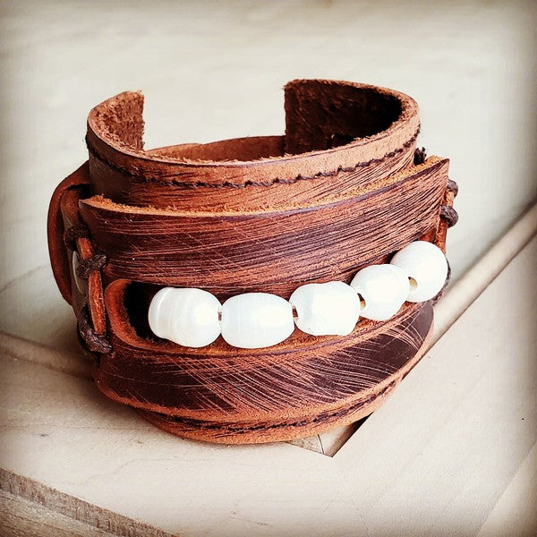 Leather Cuff with Freshwater Pearl Accent Strand