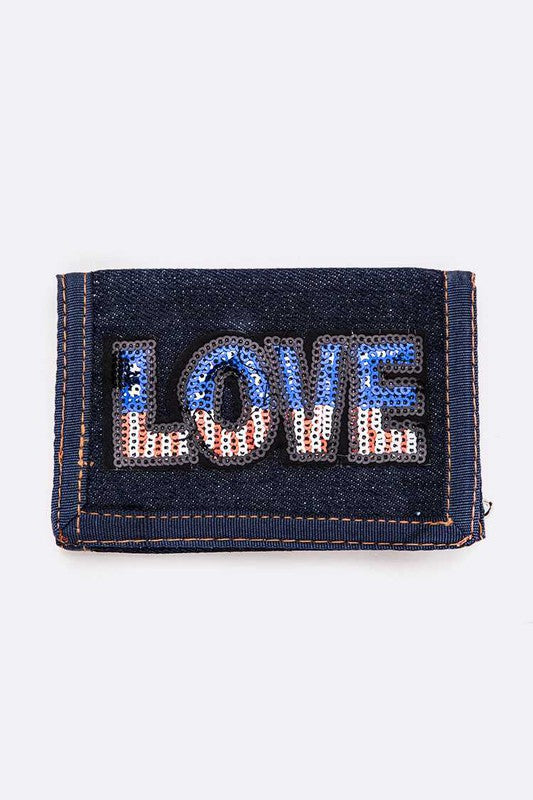 LOVE USA Sequin Patch Denim Wallet