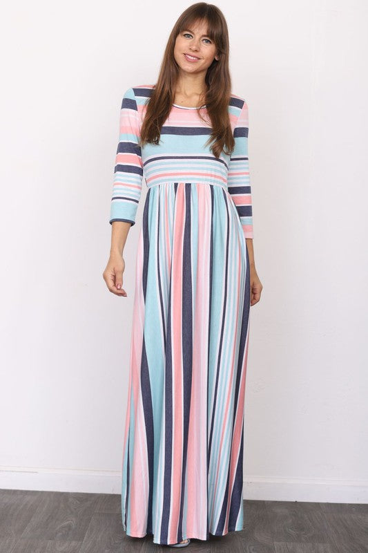 Quarter Sleeve Stripe Maxi Dress