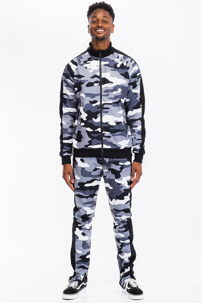 MENS FULL CAMO WITH STRIPE JACKET and PANT SET