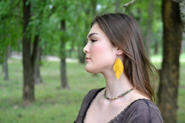 yellow suede feather earring- medium