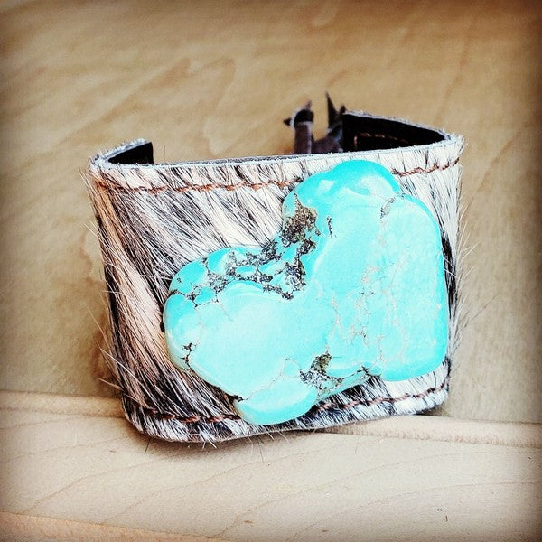 Leather cuff gray hair on hide w/ turquoise stone