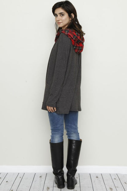 Plus Hooded plaid Trimmed Cardigan