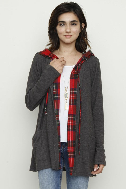 Plus Hooded plaid Trimmed Cardigan