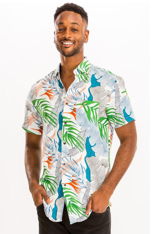 Weiv Mens Print Hawaiian Button Down Shirt