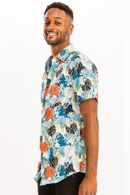 Weiv Mens Print Hawaiian Button Down Shirt