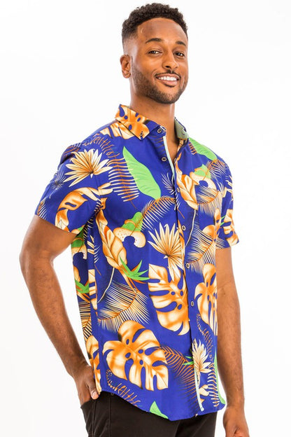 Weiv Mens Print Hawaiian Button Down Shirt