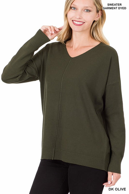 Hi-Low Garment Dyed V-Neck Front Seam Sweater