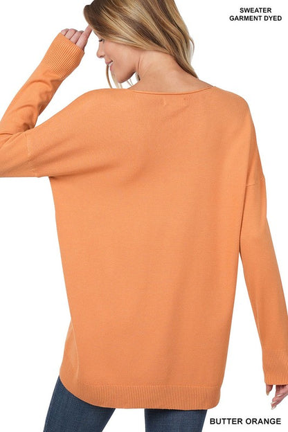 Hi-Low Garment Dyed V-Neck Front Seam Sweater