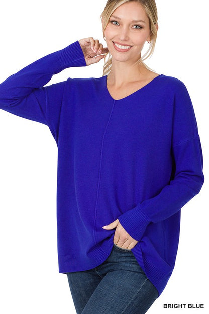 Hi-Low Garment Dyed V-Neck Front Seam Sweater