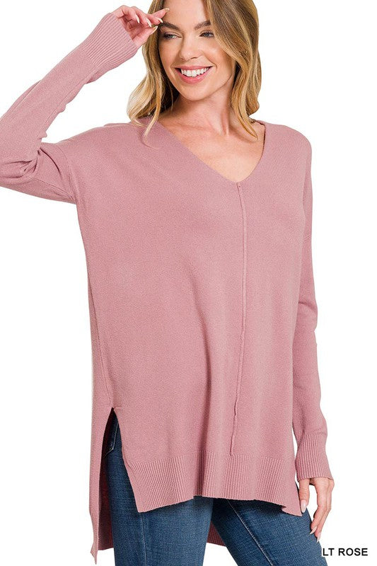 Hi-Low Hem V-Neck Center Seam Sweater